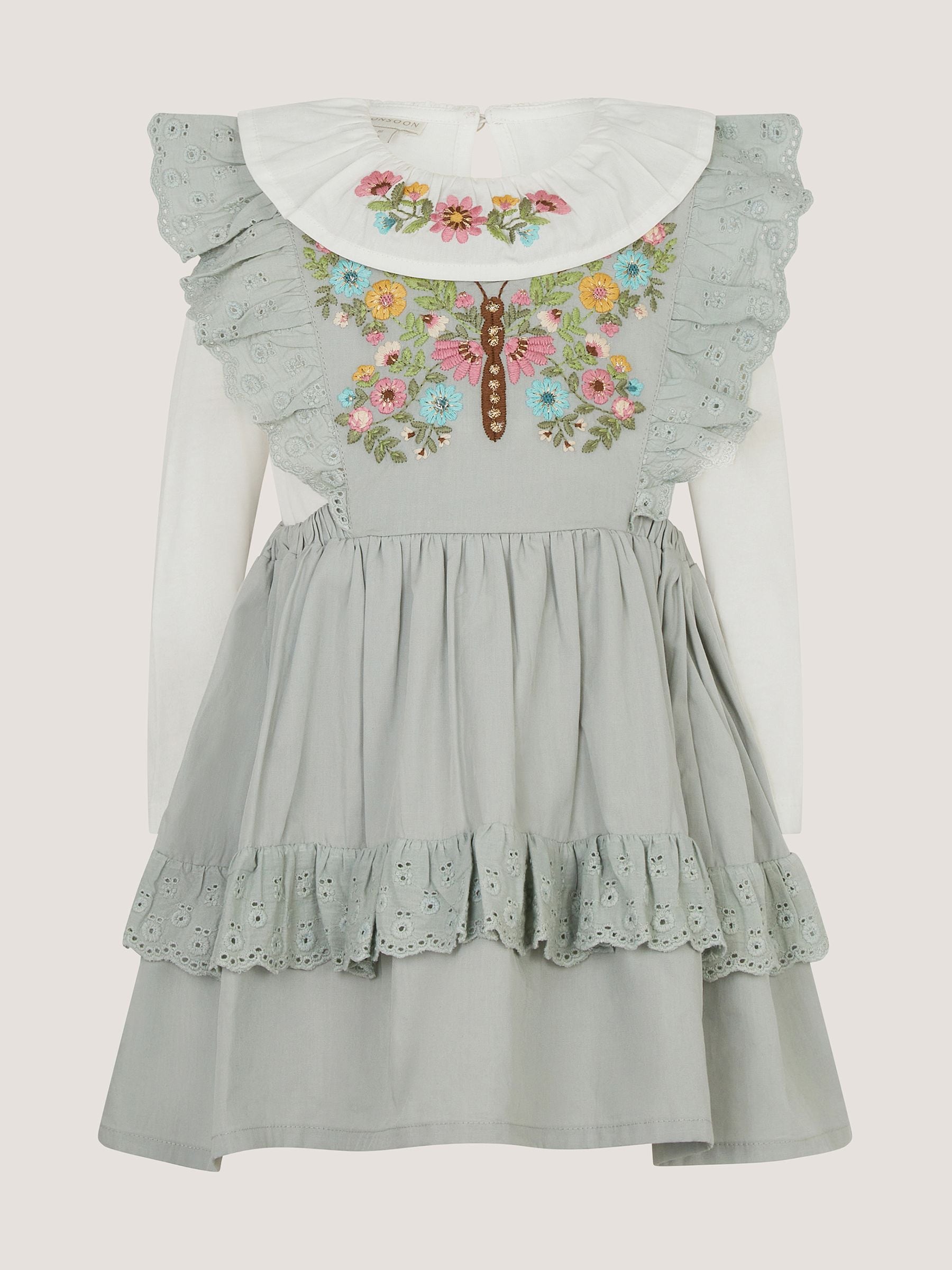 Dsiney Kidz - Monsoon Green Baby Butterfly Embroidered Pinafore Dress & Top Set image 2