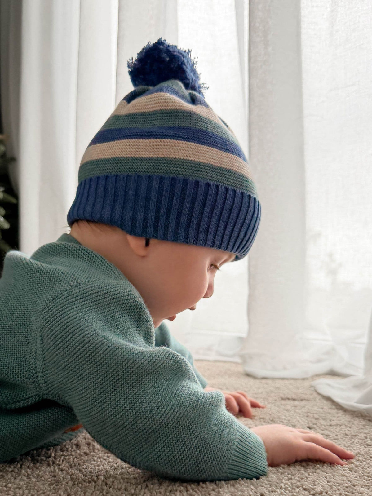 Purebaby Blue Striped Knit Beanie - image 2