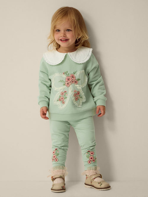 Dsiney Kidz - Monsoon Green Baby Embroidered Bow Sweatshirt & Leggings Set image 1