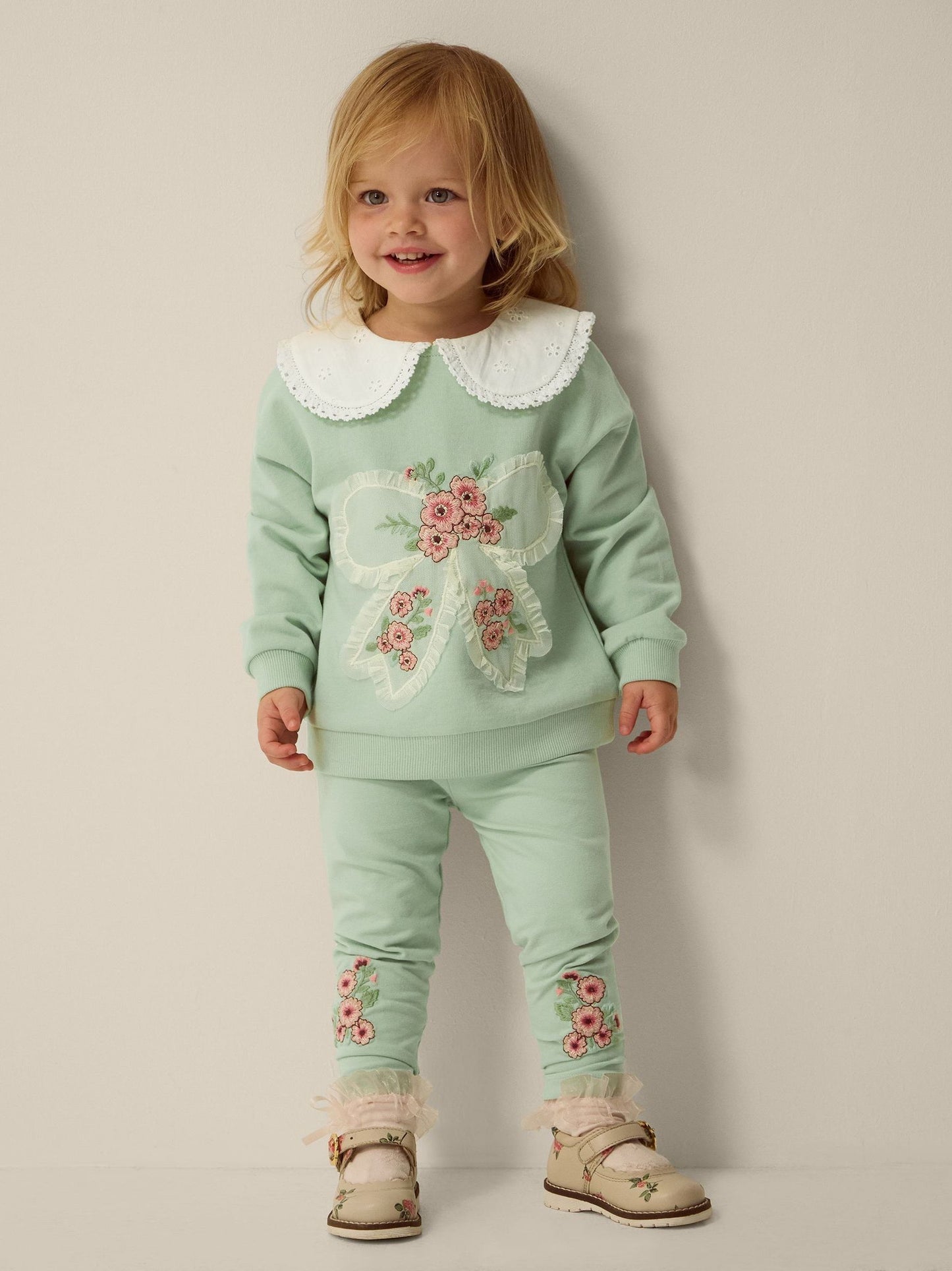 Dsiney Kidz - Monsoon Green Baby Embroidered Bow Sweatshirt & Leggings Set image 1