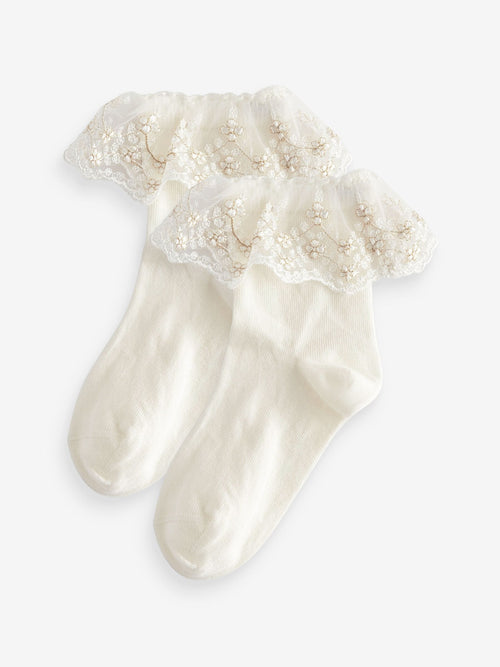 Cream 2 Pack Cotton Rich Flower Girl Ruffle Ankle Socks image 1