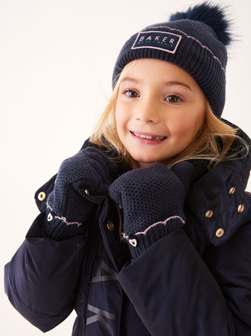 Baker by Ted baker Girls Navy Pom Beanie and Gloves Set image 1