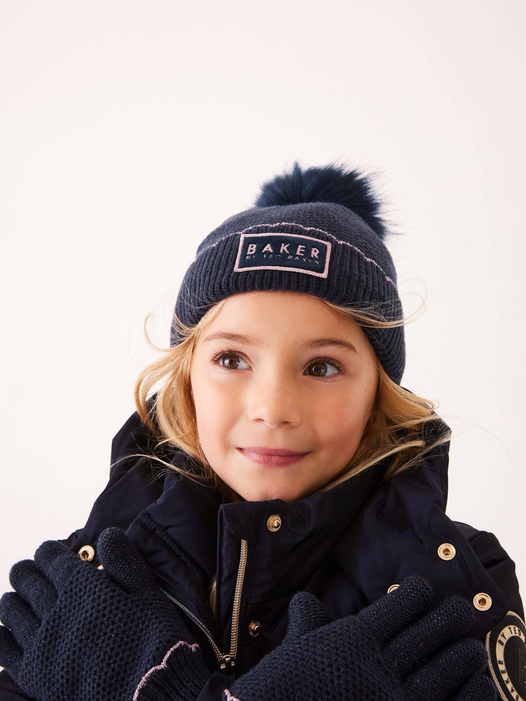 Baker by Ted baker Girls Navy Pom Beanie and Gloves Set image 2