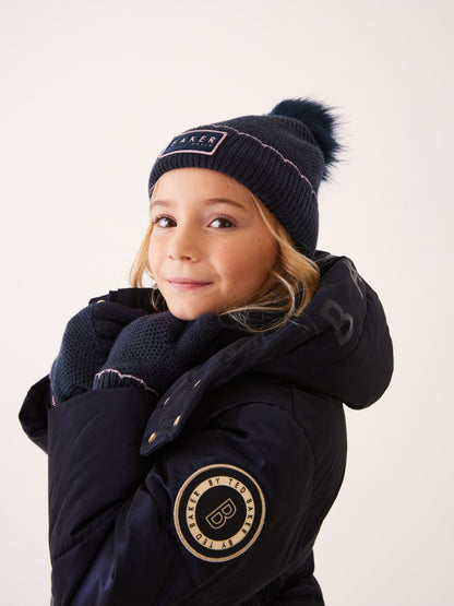 Baker by Ted baker Girls Navy Pom Beanie and Gloves Set image 3