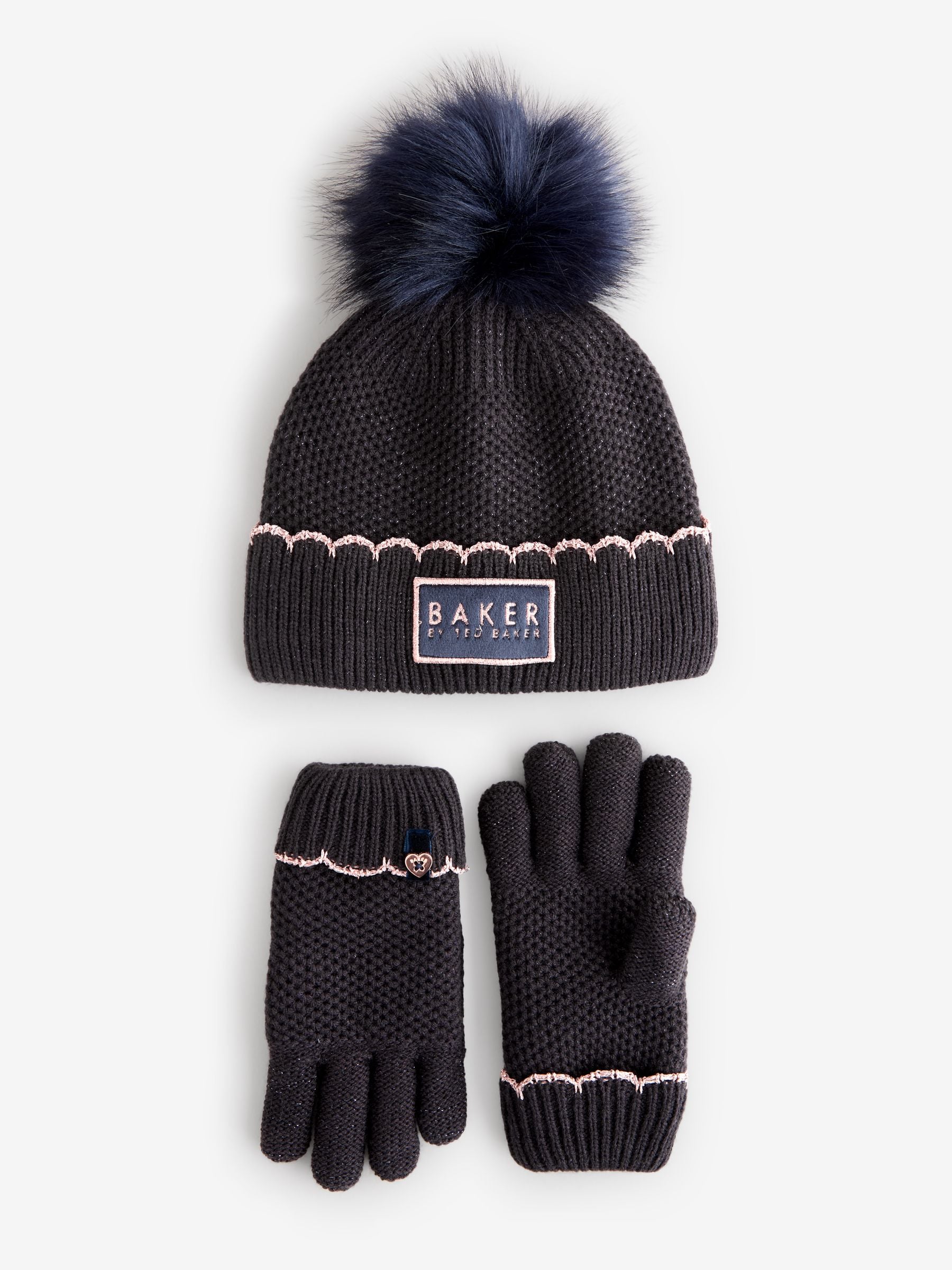 Baker by Ted baker Girls Navy Pom Beanie and Gloves Set image 4