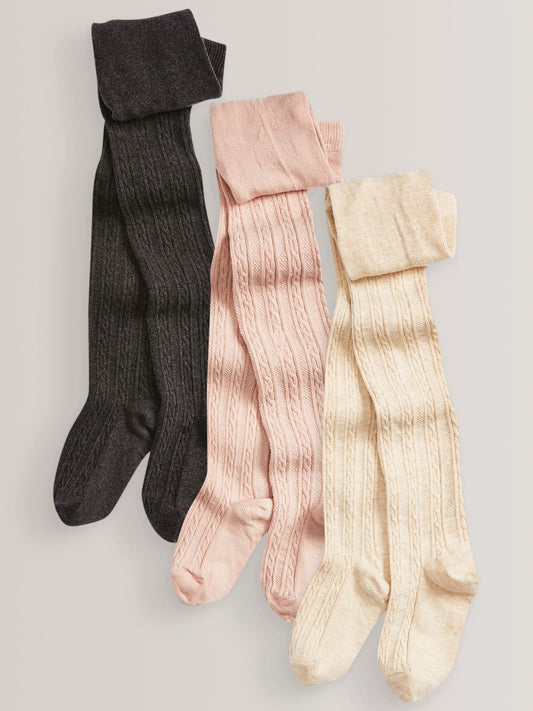 Charcoal Grey/Pink/Cream Regular Length Cotton Rich Cable Tights 3 Pack image 1