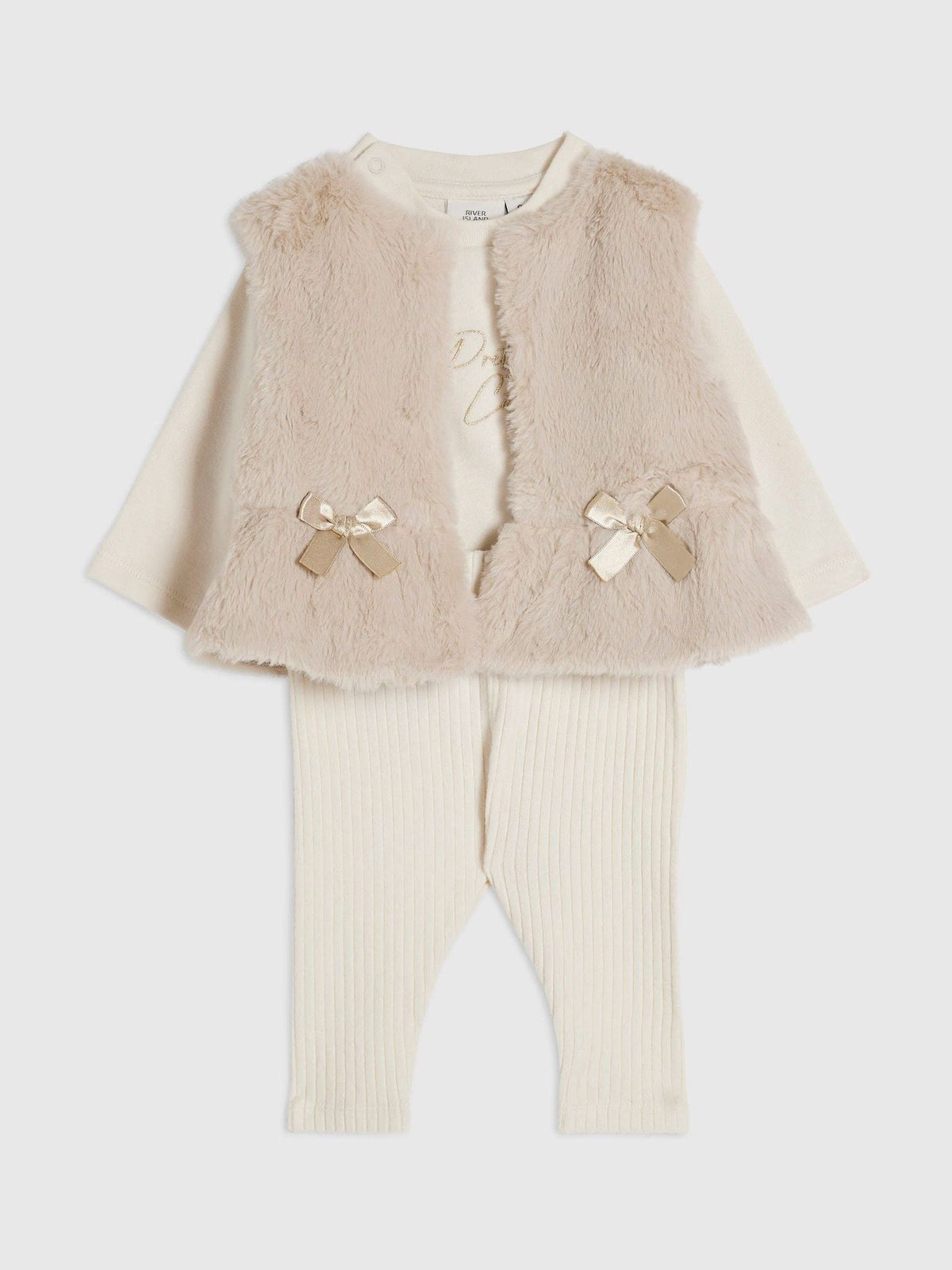 River Island Brown Faux Fur Gilet with Ribbed Bodysuit & Leggings Set - image 3
