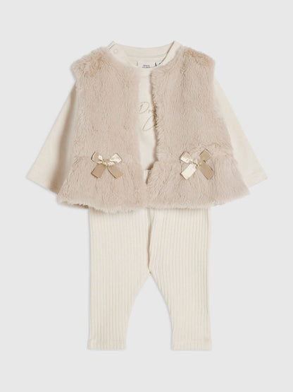 River Island Brown Faux Fur Gilet with Ribbed Bodysuit & Leggings Set - image 3