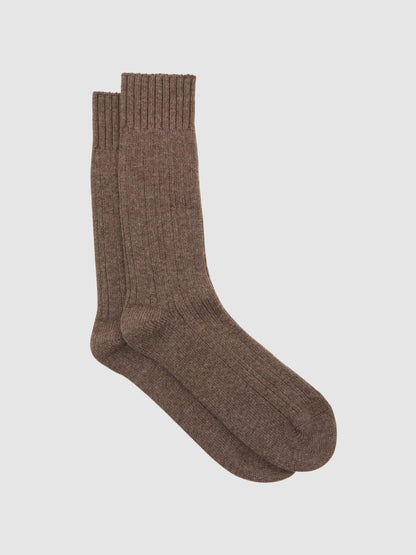 Reiss Taupe Brown Nabil Wool-Blend Ribbed Socks with Cashmere - image 1