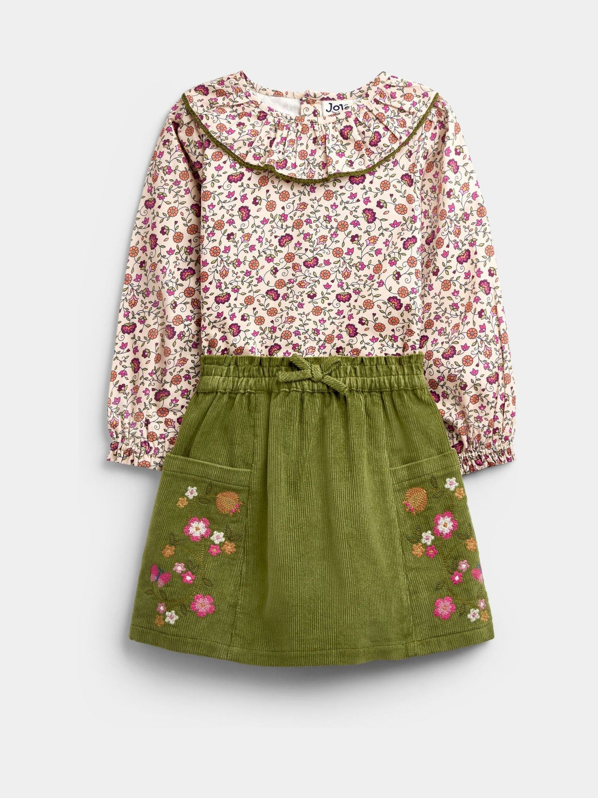 JoJo Maman Bébé Khaki Green Floral Printed Collar Top & Embroidered Cord Skirt - image 1