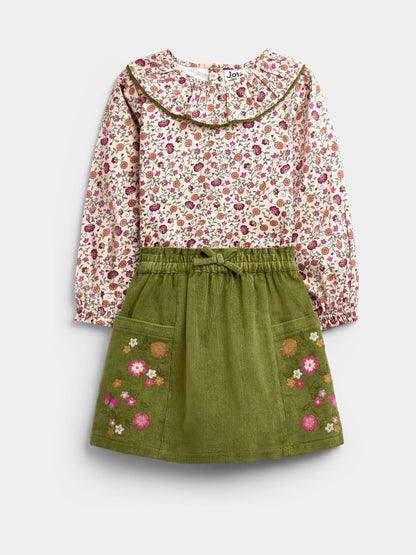 JoJo Maman Bébé Khaki Green Floral Printed Collar Top & Embroidered Cord Skirt - image 1