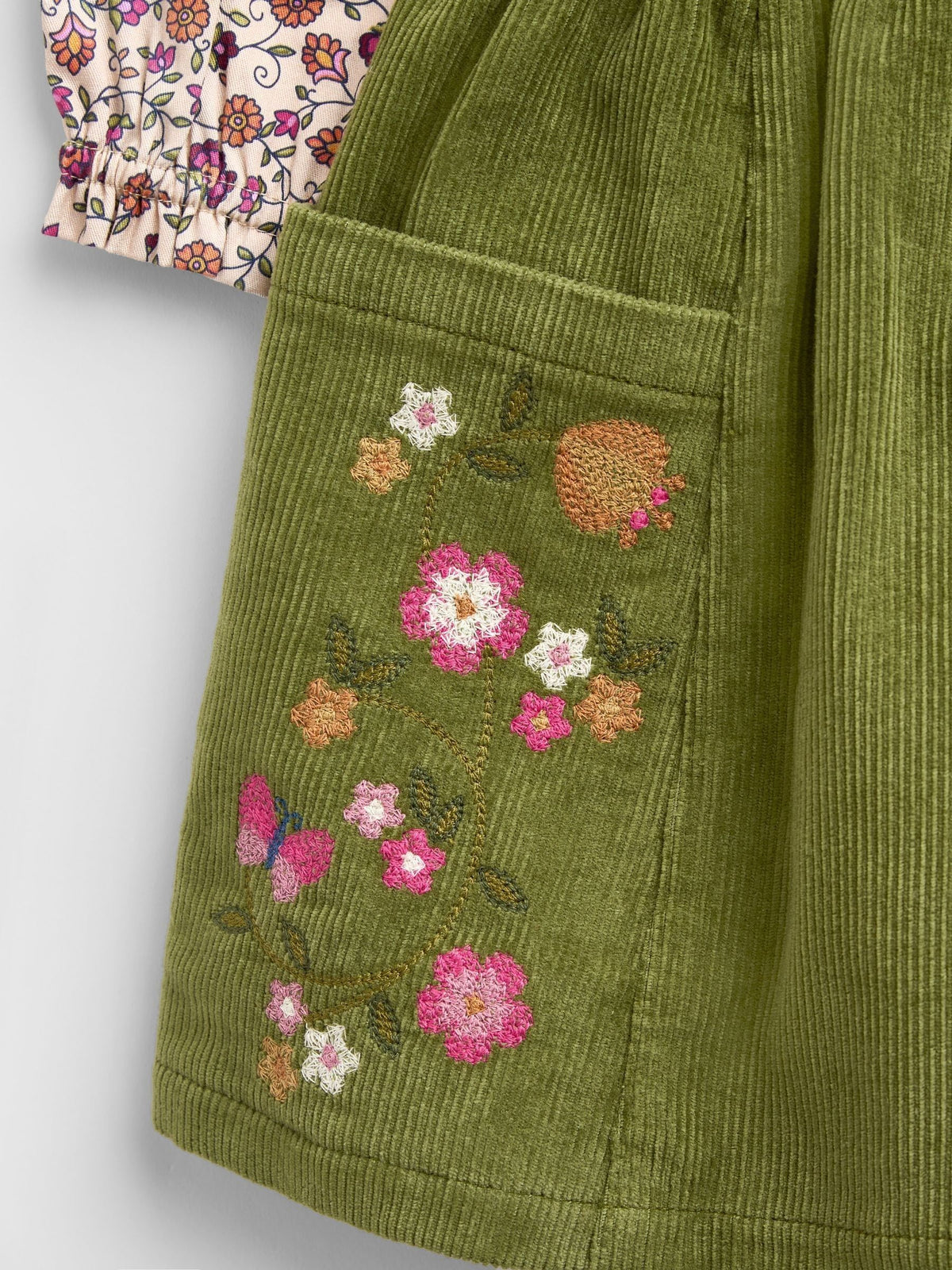 JoJo Maman Bébé Khaki Green Floral Printed Collar Top & Embroidered Cord Skirt - image 7