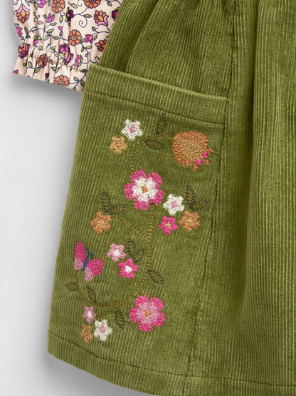 JoJo Maman Bébé Khaki Green Floral Printed Collar Top & Embroidered Cord Skirt - image 7