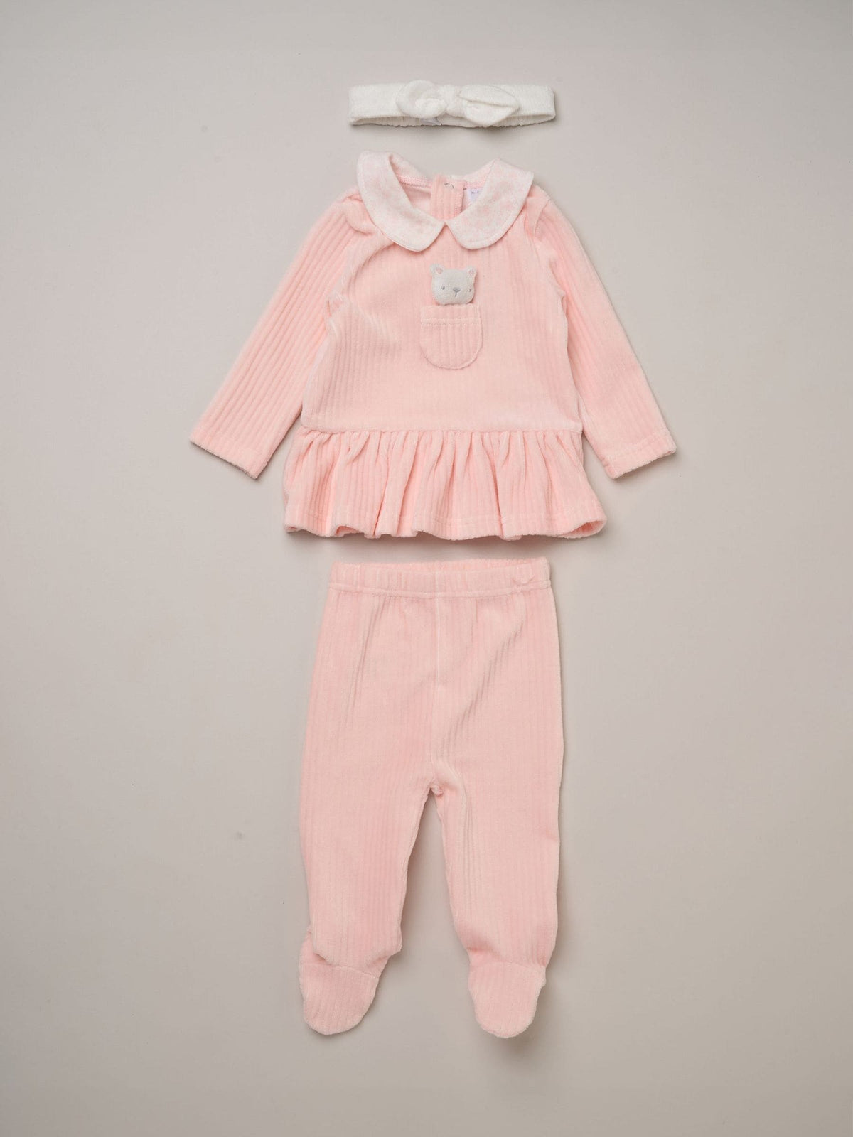 Rock-A-Bye Baby Boutique Pink Ribbed Velour Top Footed Trousers and Plush Headband Set - image 1