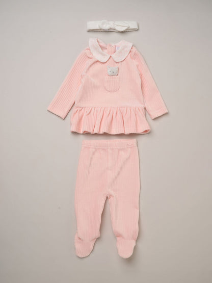 Rock-A-Bye Baby Boutique Pink Ribbed Velour Top Footed Trousers and Plush Headband Set - image 1
