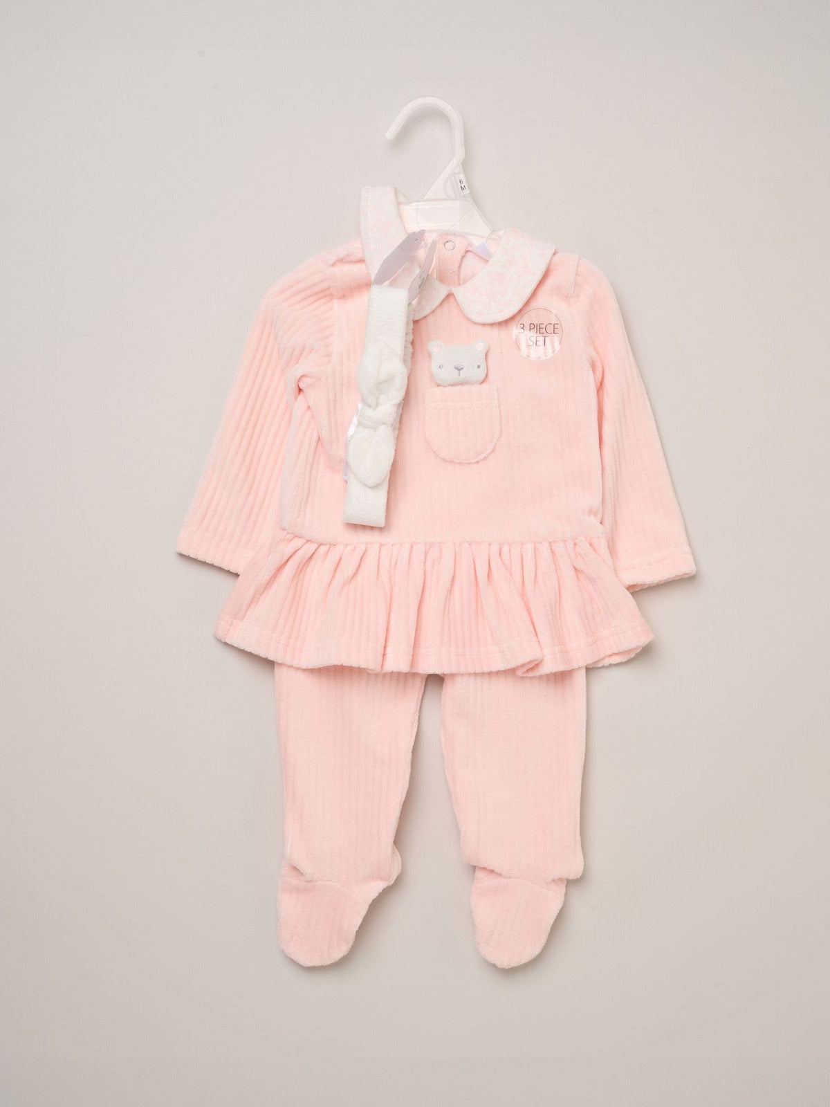Rock-A-Bye Baby Boutique Pink Ribbed Velour Top Footed Trousers and Plush Headband Set - image 6