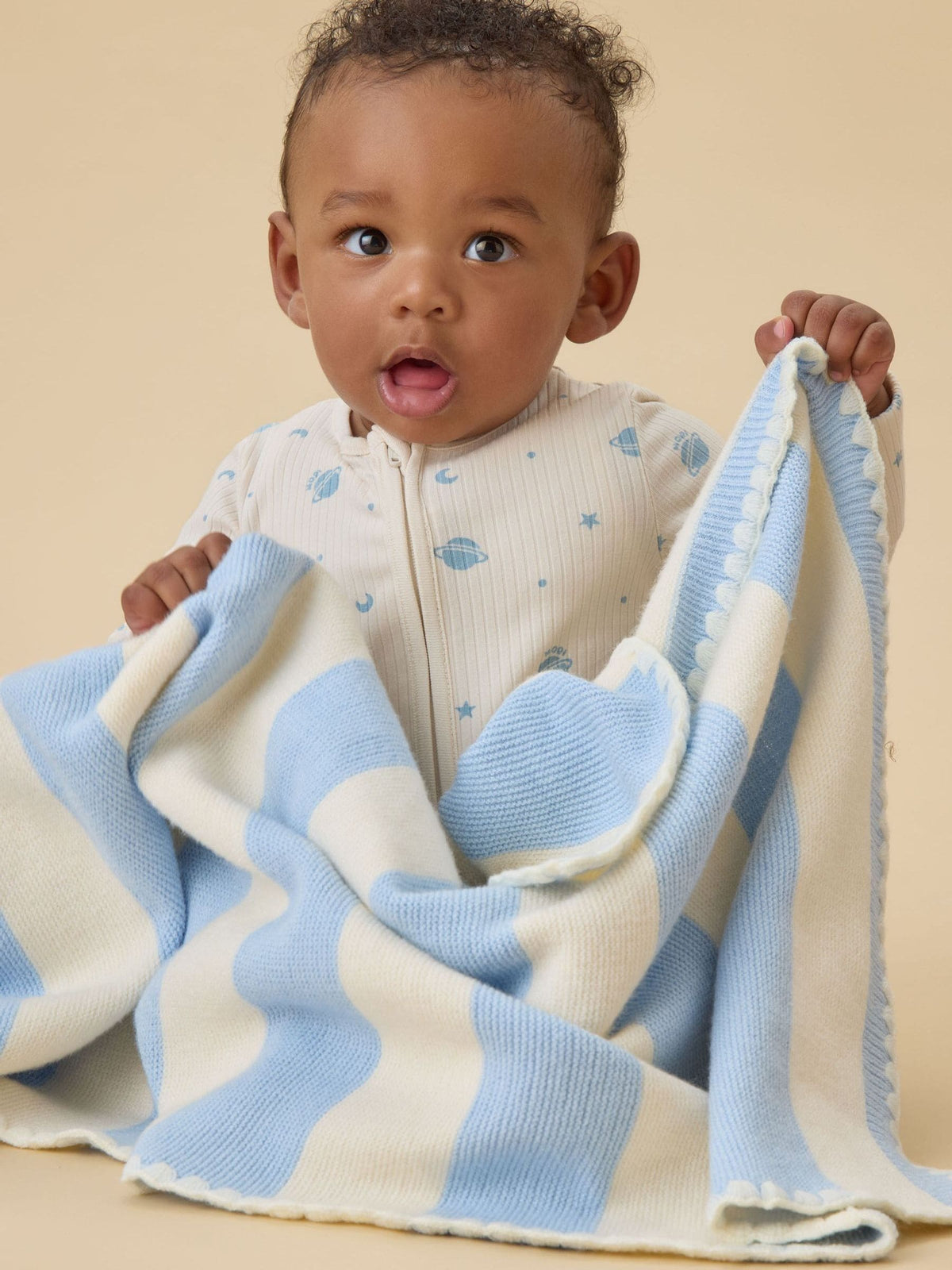 MORI Blue Supersoft Striped Blanket with Embroidery Stitch - image 1