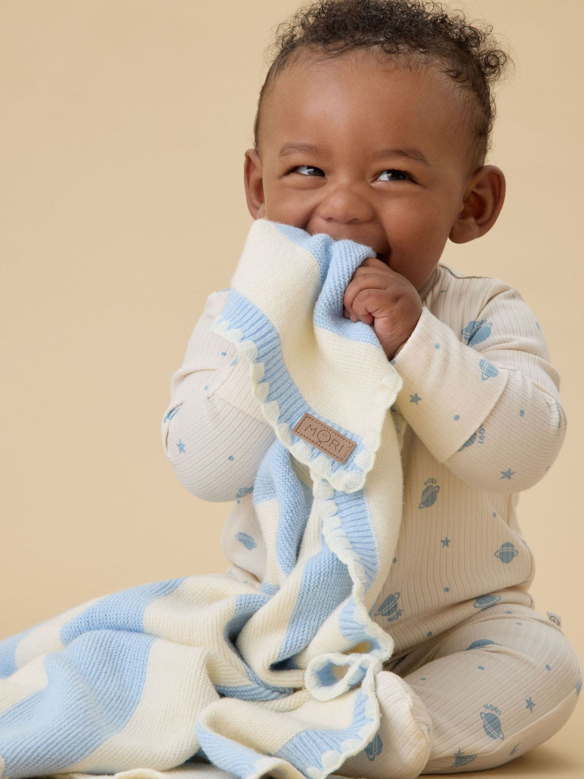MORI Blue Supersoft Striped Blanket with Embroidery Stitch - image 2