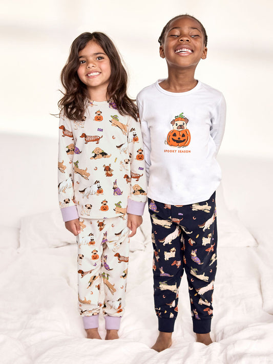 Chelsea Peers Cream/Black Kids Two Pack Cotton Halloween Dogs Print Long Pyjama Set - image 1