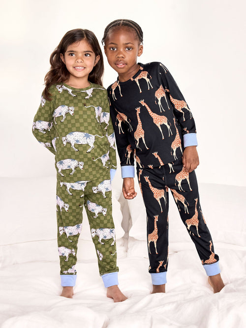 Chelsea Peers Blue Kids Two Pack Giraffe/Checkerboard Bison Print Long Pyjama Set - image 1