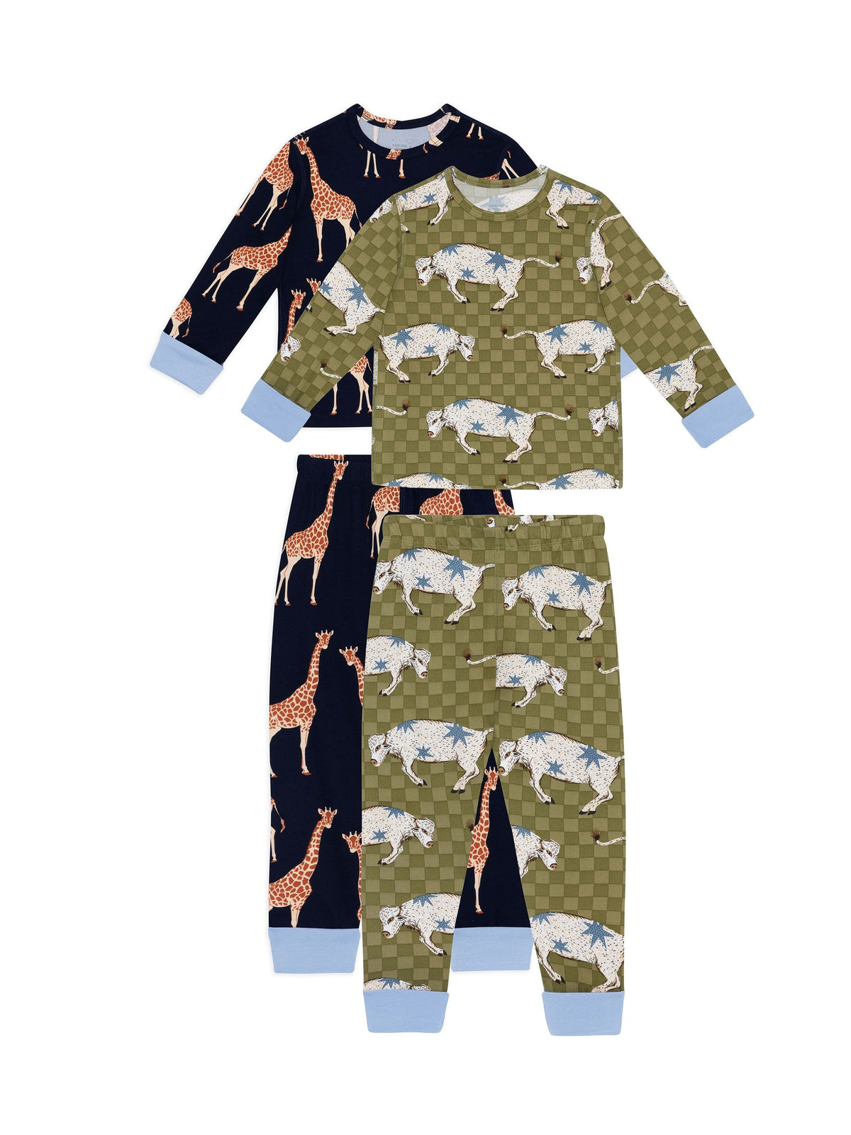 Chelsea Peers Blue Kids Two Pack Giraffe/Checkerboard Bison Print Long Pyjama Set - image 4