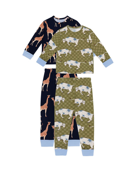 Chelsea Peers Blue Kids Two Pack Giraffe/Checkerboard Bison Print Long Pyjama Set - image 4