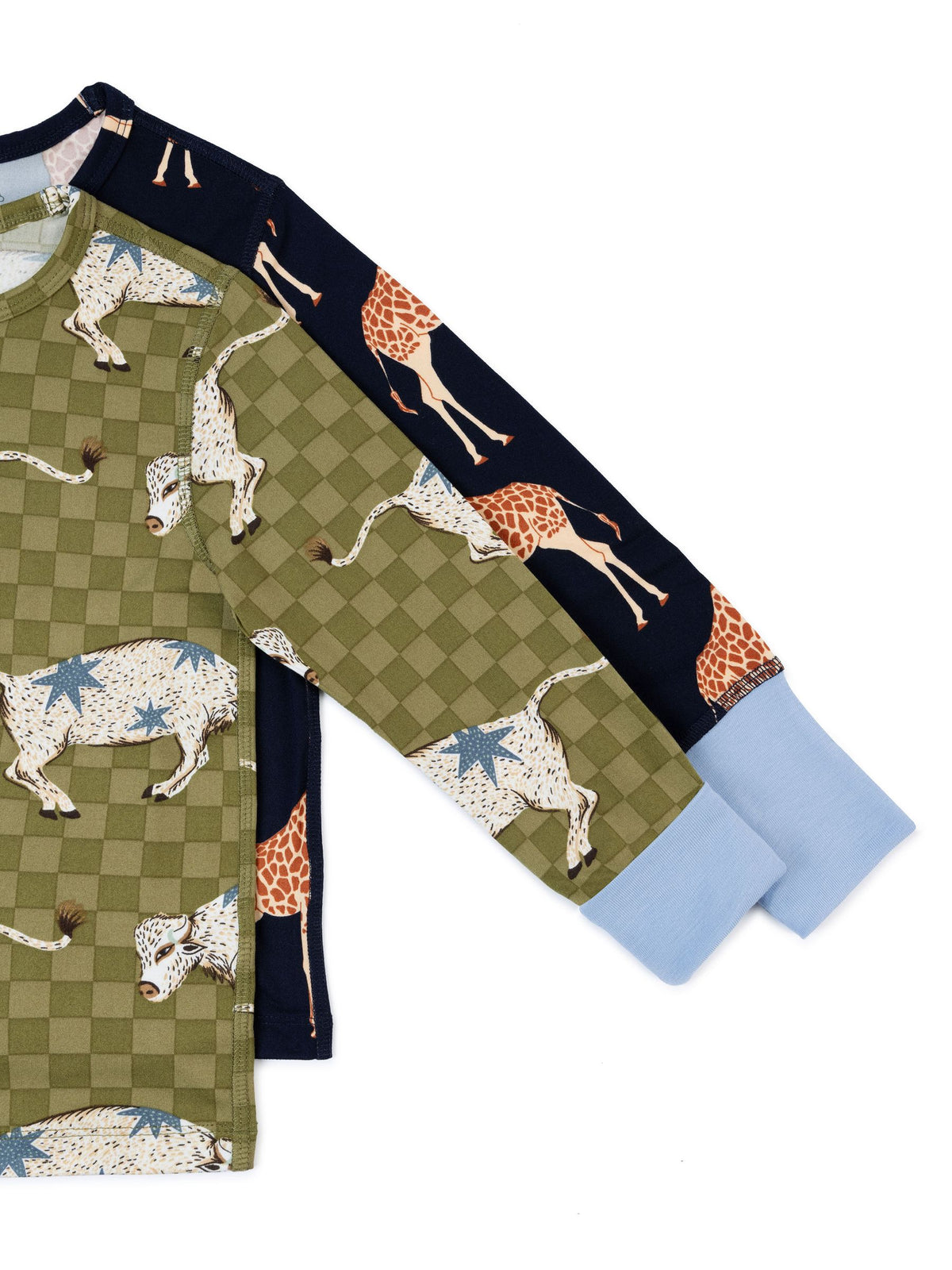 Chelsea Peers Blue Kids Two Pack Giraffe/Checkerboard Bison Print Long Pyjama Set - image 7