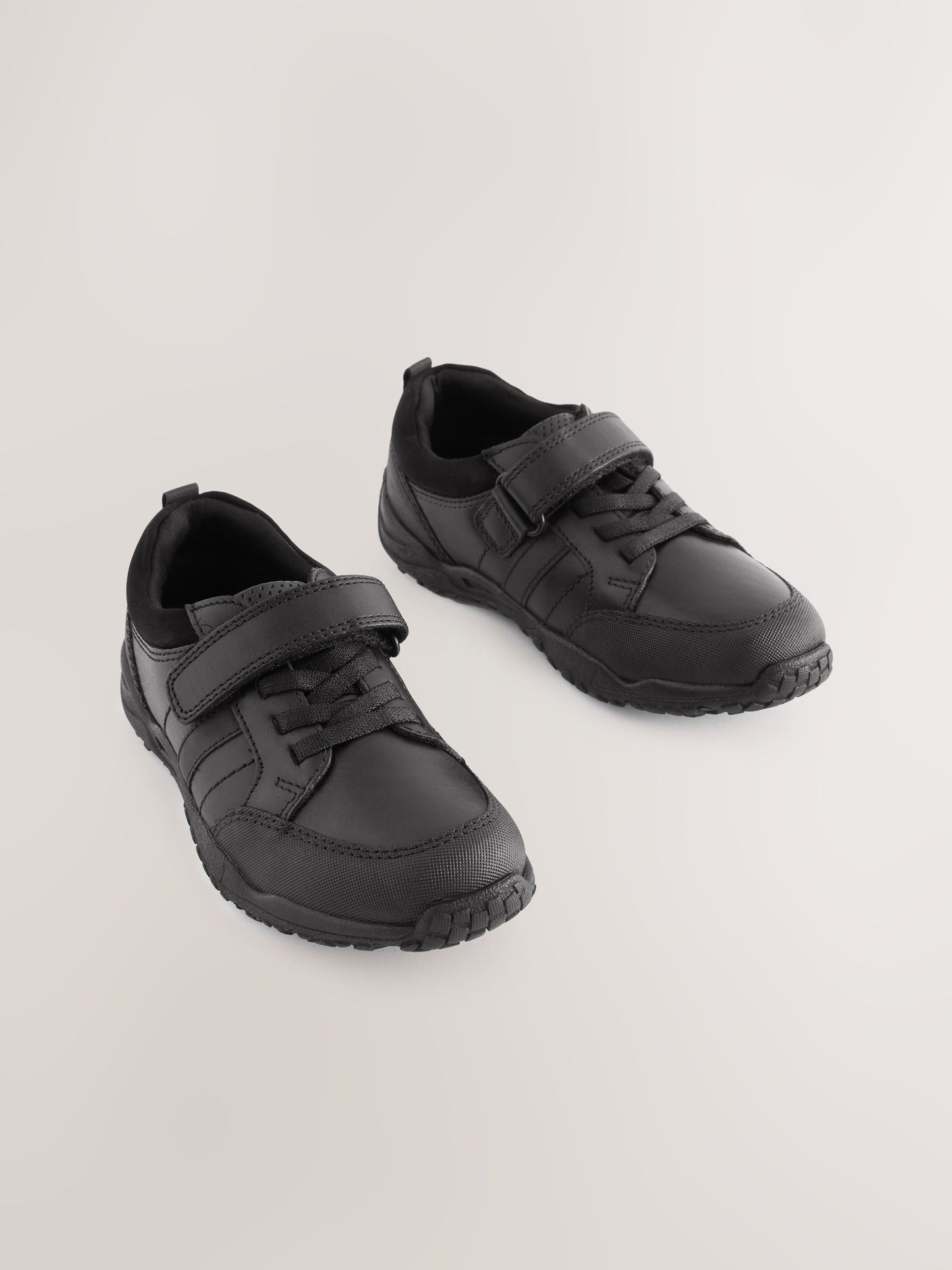 Black Extra Wide Fit (H) School Leather Elastic Lace Shoes image 1