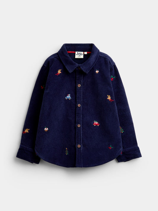 JoJo Maman Bébé Navy Blue Christmas Embroidered Cord Shirt - image 1