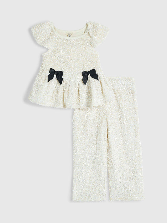 River Island Cream Sequin Bow Top & Trousers Set - image 1