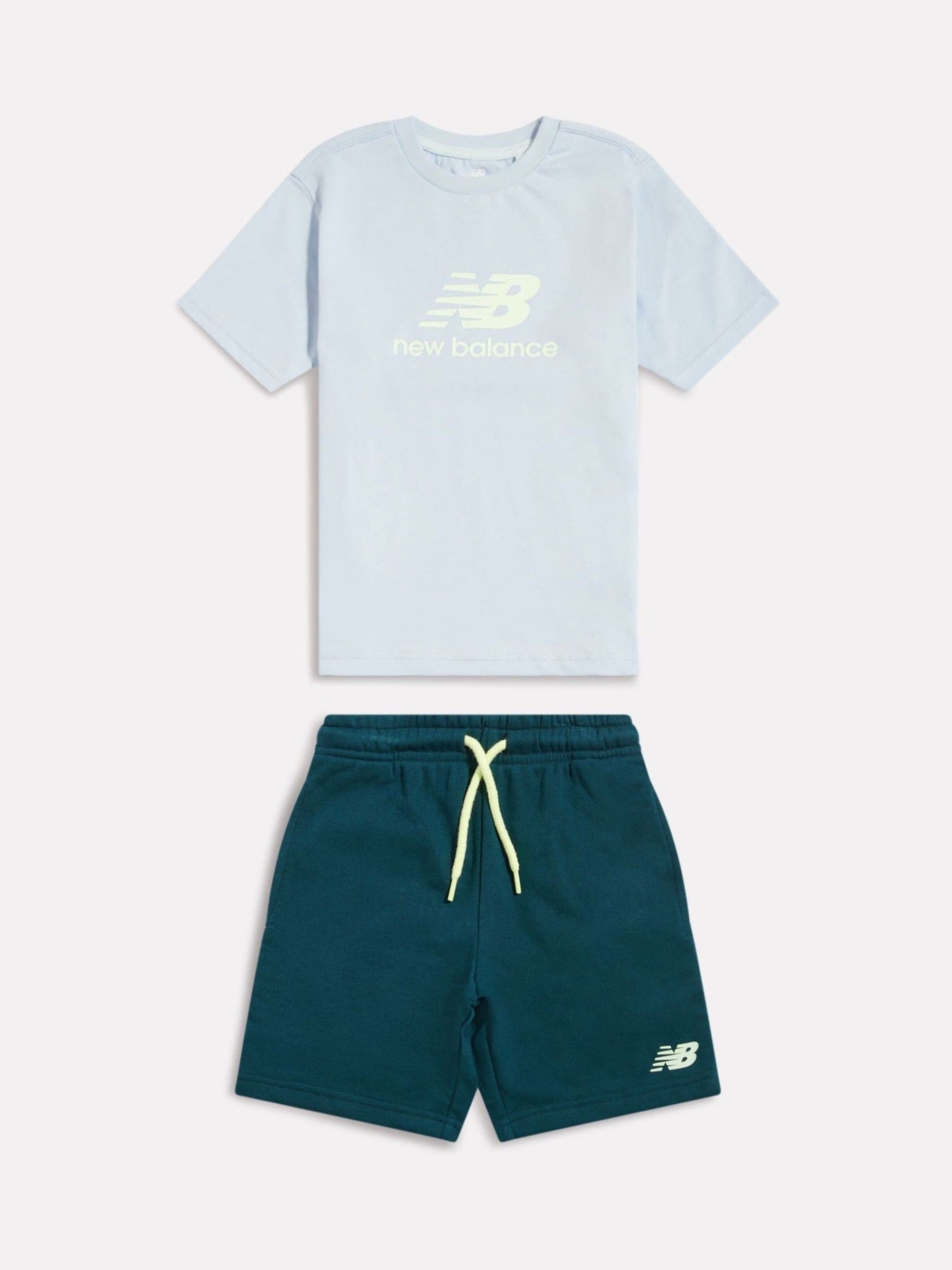 New Balance Teal Blue Stacked Logo T-Shirt & FT Shorts Set image 1