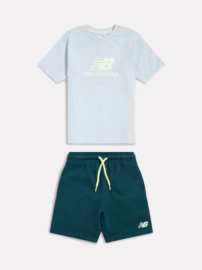 New Balance Teal Blue Stacked Logo T-Shirt & FT Shorts Set image 1