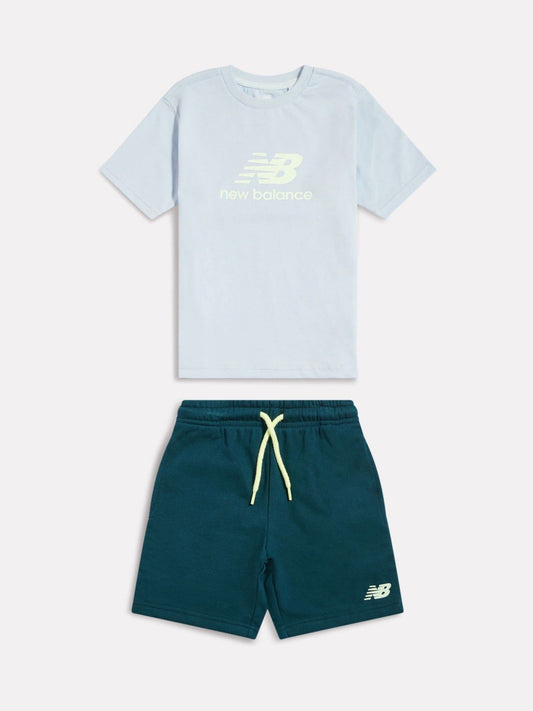 New Balance Teal Blue Stacked Logo T-Shirt & FT Shorts Set image 1