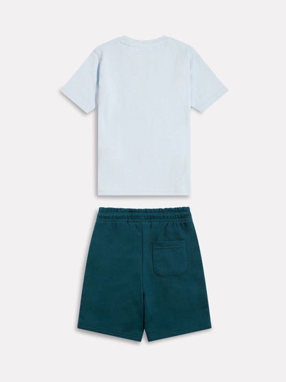 New Balance Teal Blue Stacked Logo T-Shirt & FT Shorts Set image 2