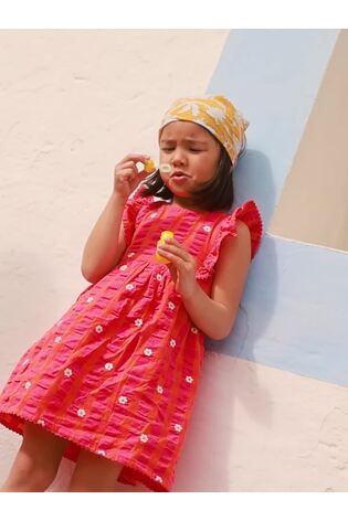 Dsiney Kidz - JoJo Maman Bébé Bright Pink Daisy Frill Shoulder Embroidered Dress image 2