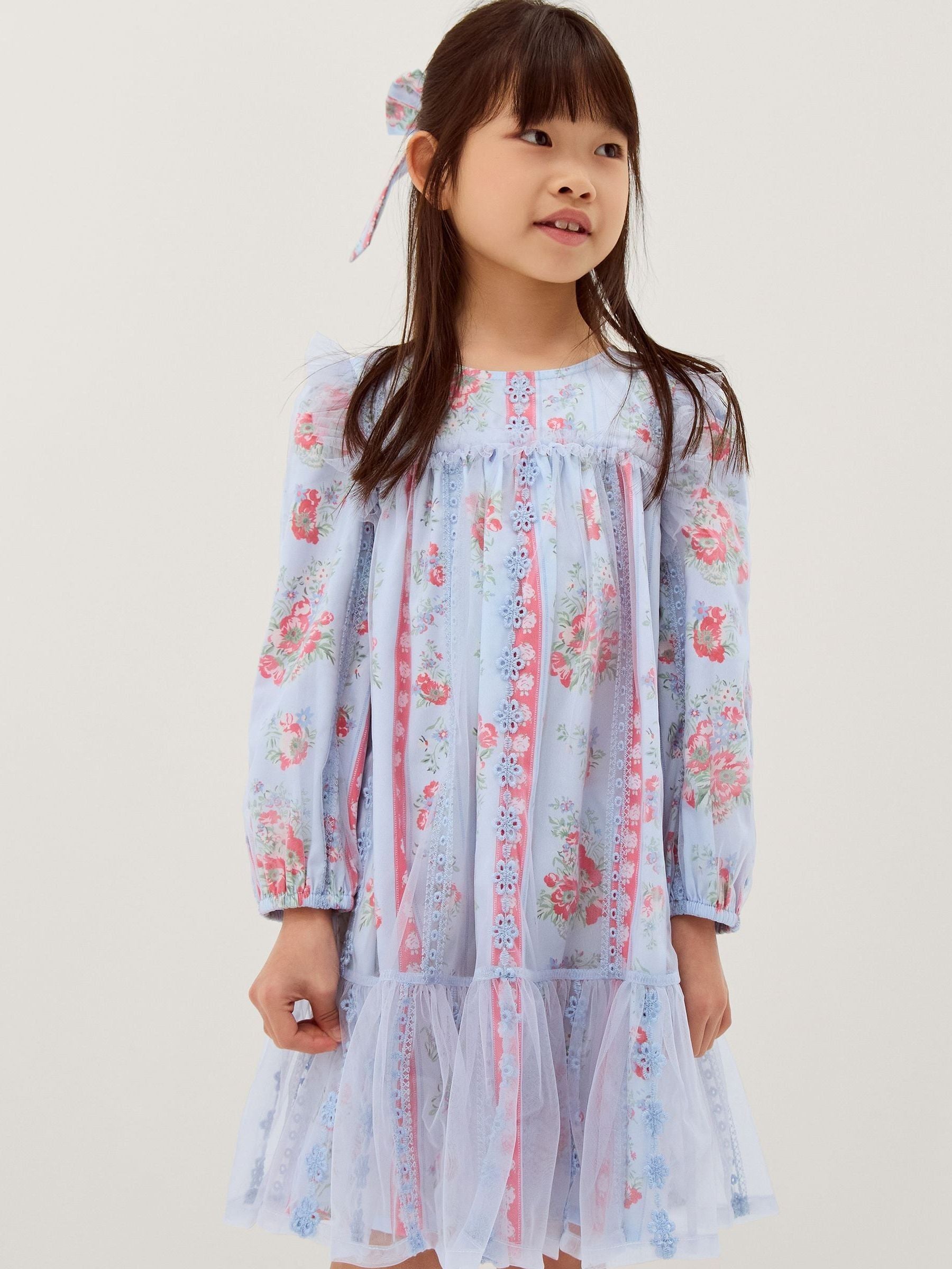 Dsiney Kidz - Monsoon Blue Floral Broderie Long Sleeve Dress & Hair Scrunchie image 1