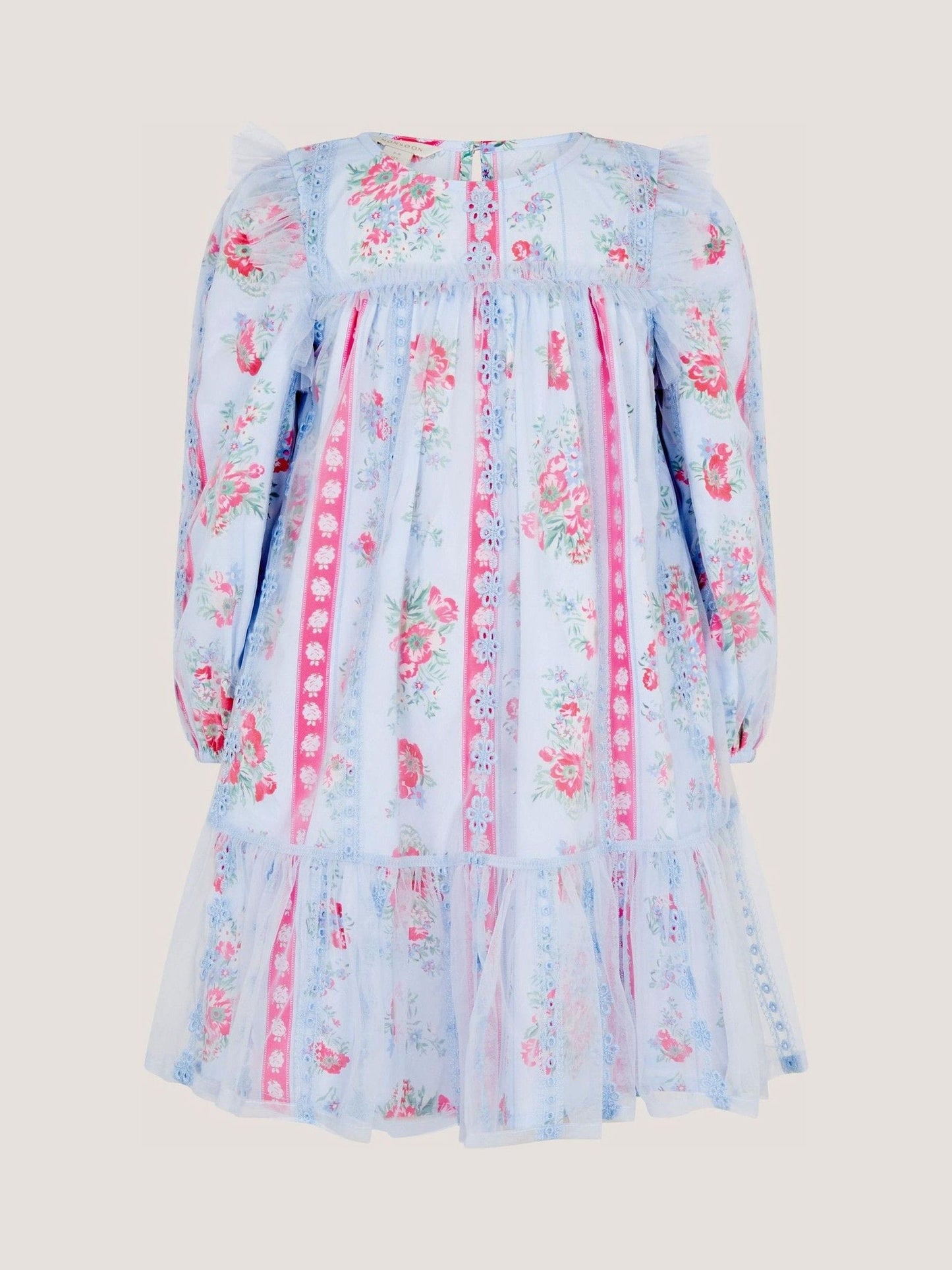 Dsiney Kidz - Monsoon Blue Floral Broderie Long Sleeve Dress & Hair Scrunchie image 2