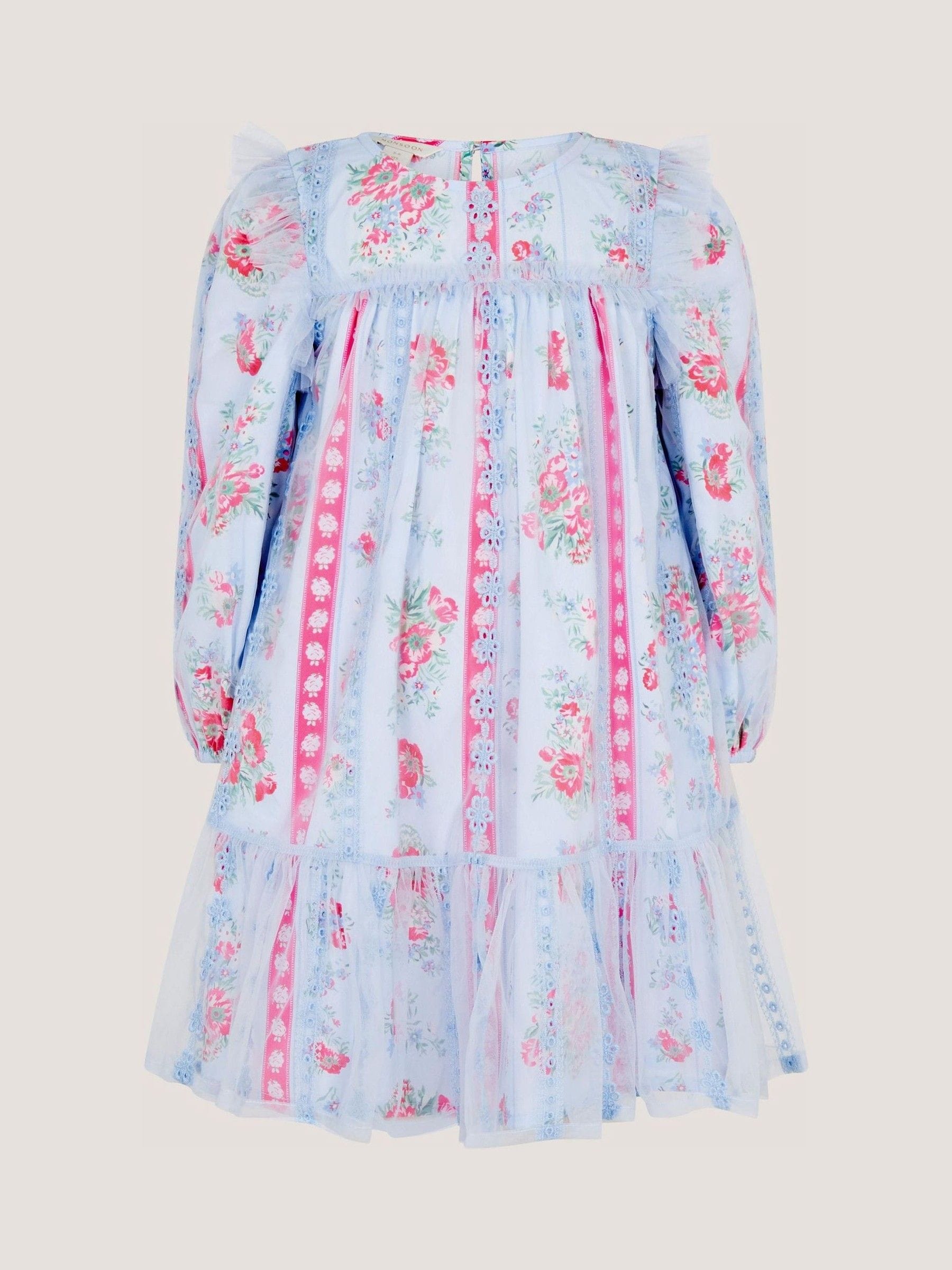 Dsiney Kidz - Monsoon Blue Floral Broderie Long Sleeve Dress & Hair Scrunchie image 2