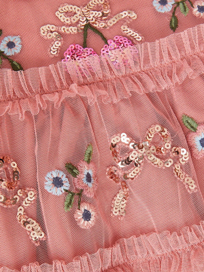 Dsiney Kidz - Monsoon Pink Mon Cheri Floral Embroidered Mesh Dress image 3