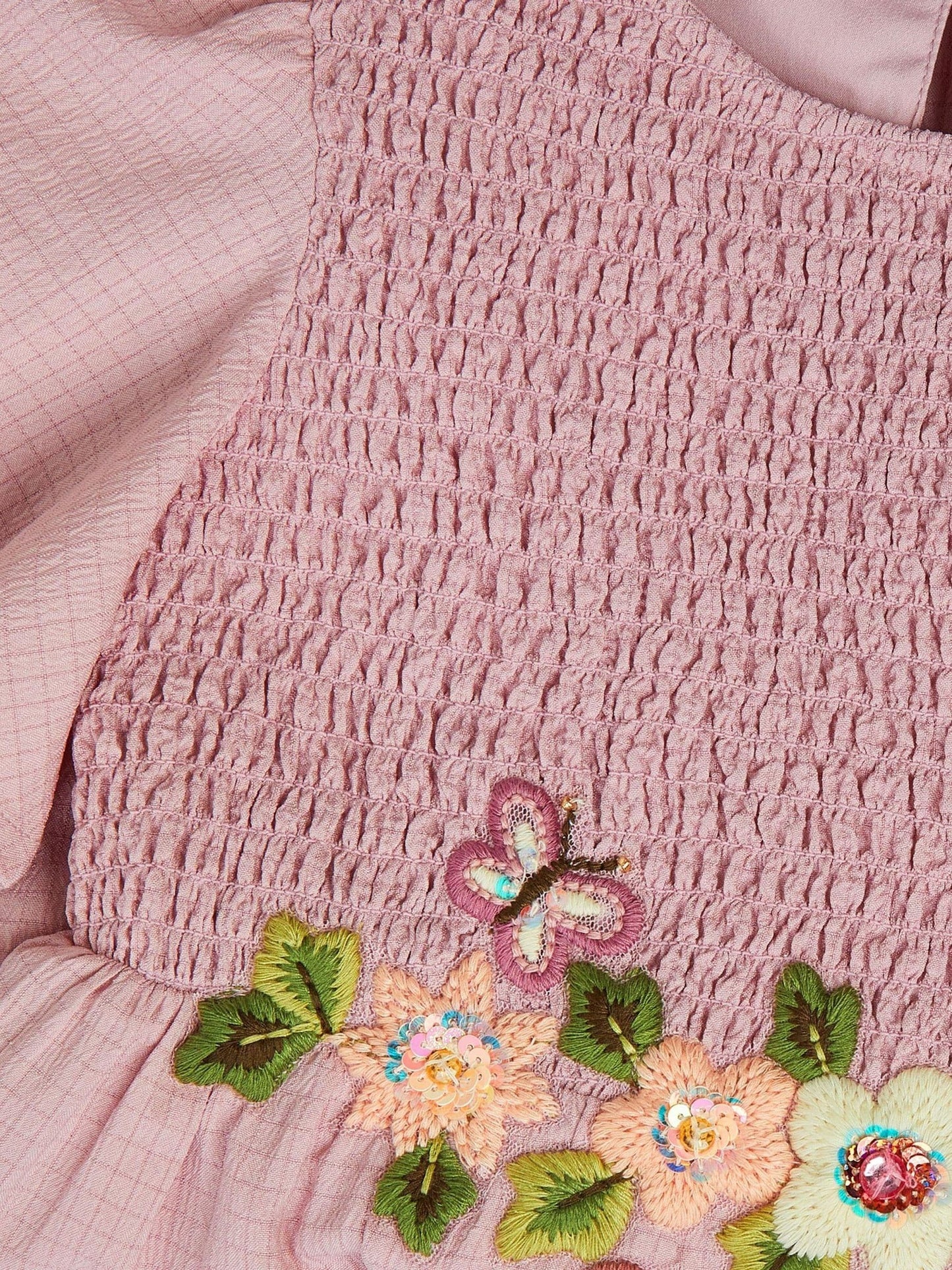 Dsiney Kidz - Monsoon Pink Floral Embroidered Smocked Dress image 3
