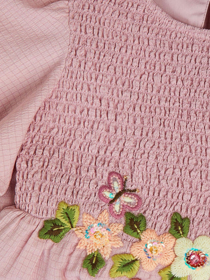 Dsiney Kidz - Monsoon Pink Floral Embroidered Smocked Dress image 3