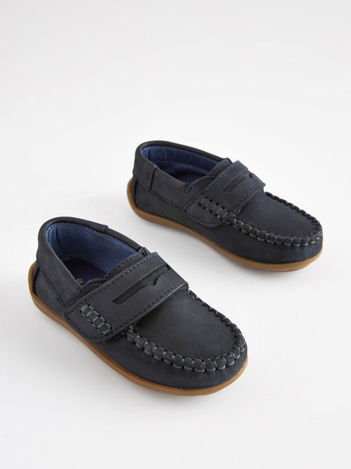 Navy Wide Fit (G) Touch Fastening Leather Penny Loafers image 1