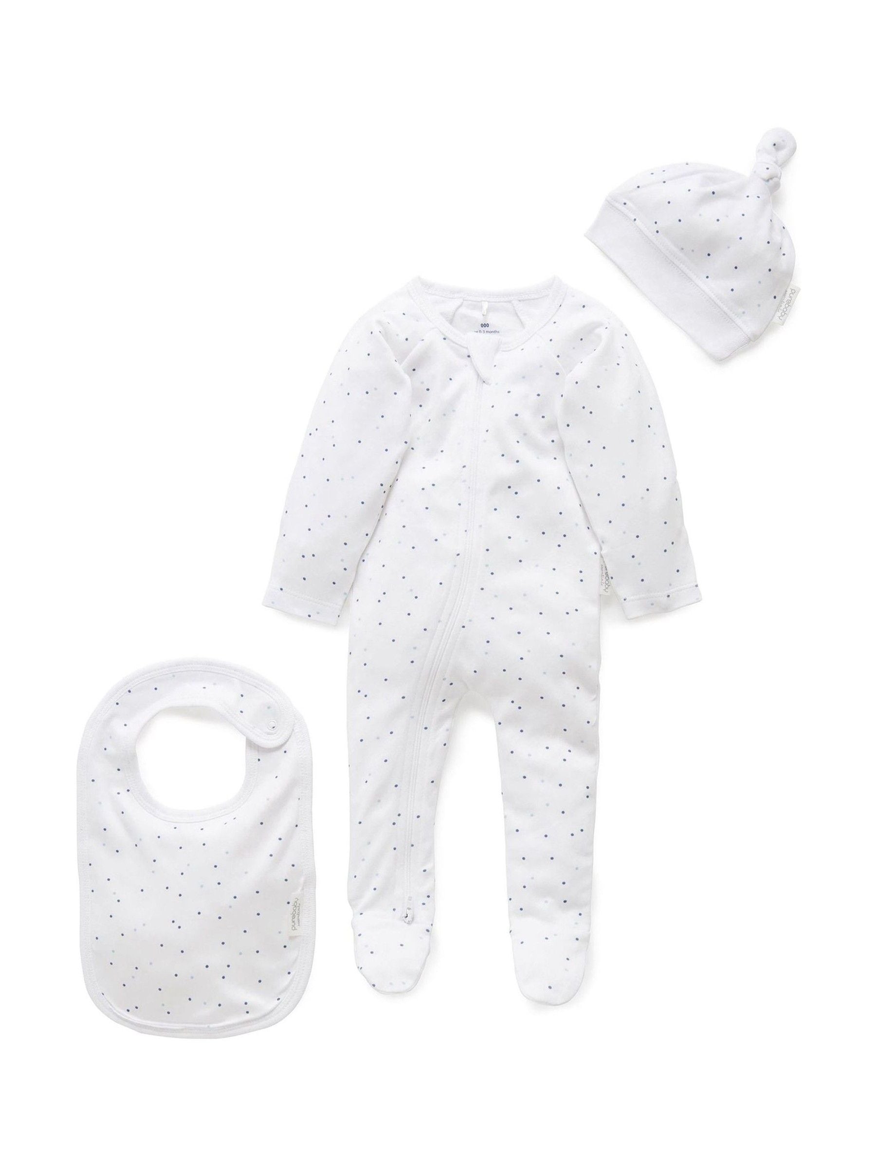Purebaby Blue Baby 100% Cotton Hat Bib & Sleepsuit Set 3 Piece image 1