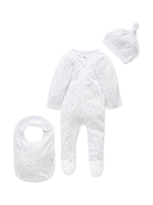 Purebaby Blue Baby 100% Cotton Hat Bib & Sleepsuit Set 3 Piece image 1