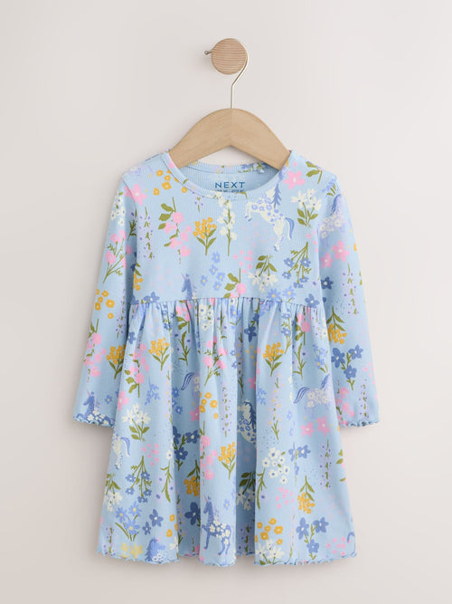 Dsiney Kidz - Blue Floral Unicorn Long Sleeve Ribbed Dress (3mths-7yrs) image 1