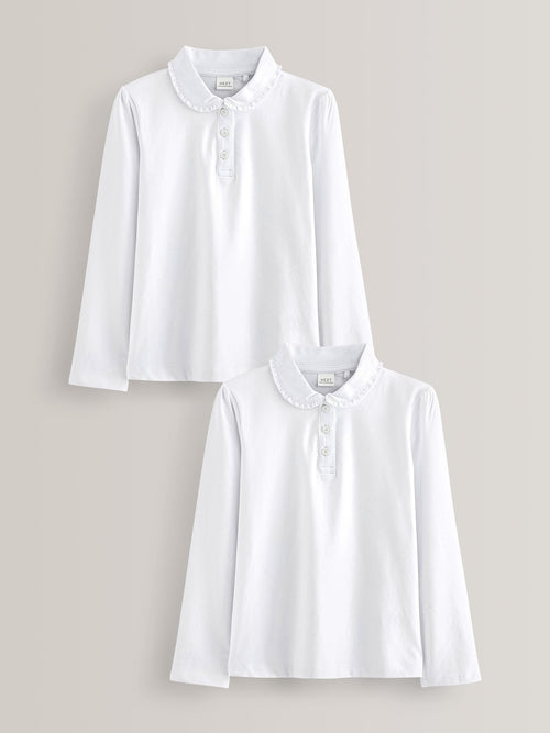 Dsiney Kidz - White Girls Cotton stretch Long Sleeve Frill Collar School Polo Tops 2 Pack (3-14yrs) image 1
