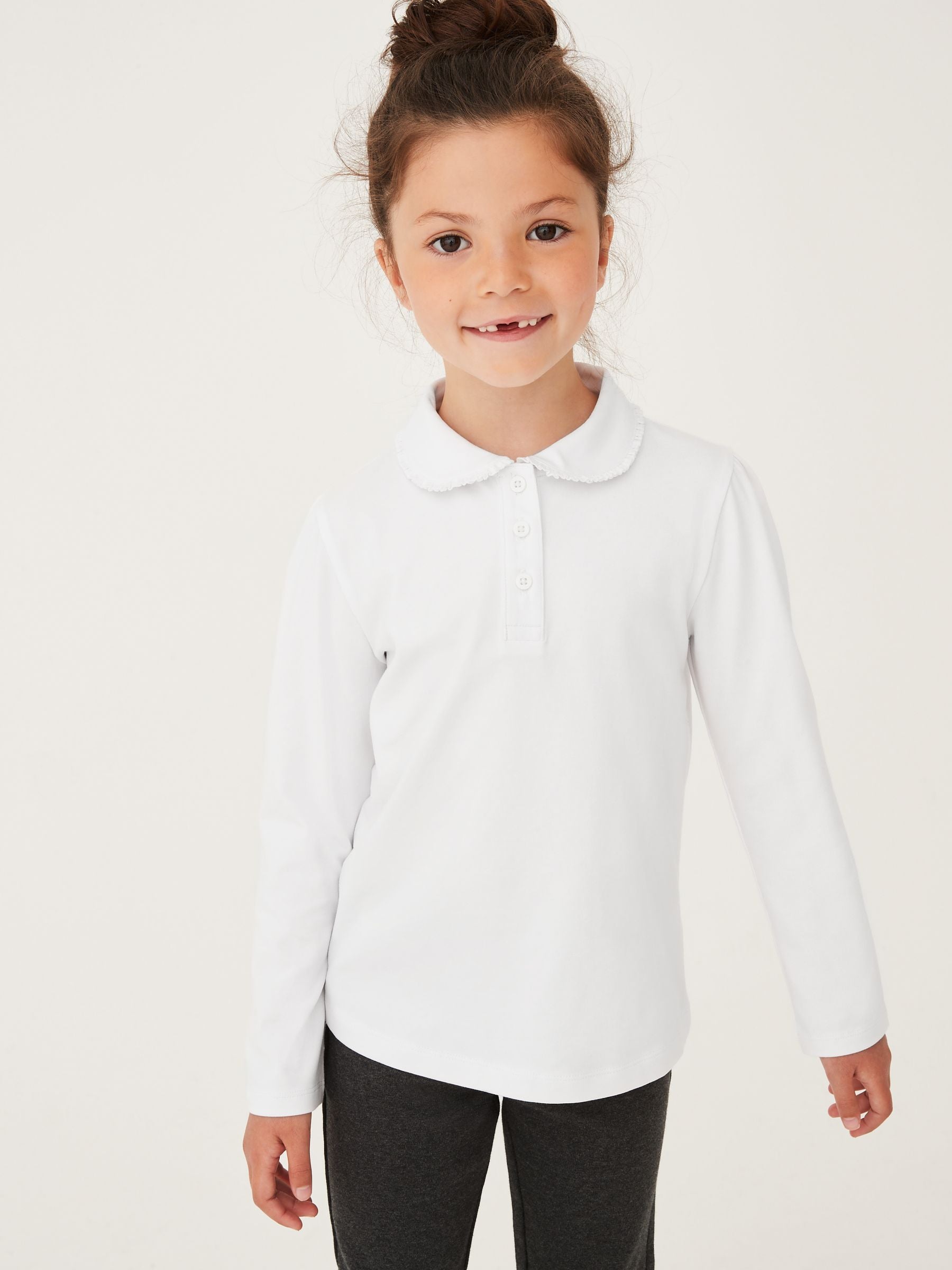 Dsiney Kidz - White Girls Cotton stretch Long Sleeve Frill Collar School Polo Tops 2 Pack (3-14yrs) image 2