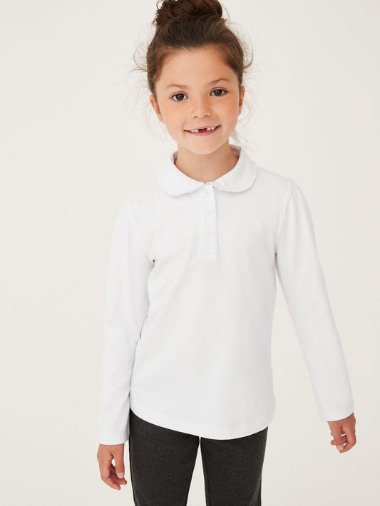 Dsiney Kidz - White Girls Cotton stretch Long Sleeve Frill Collar School Polo Tops 2 Pack (3-14yrs) image 2