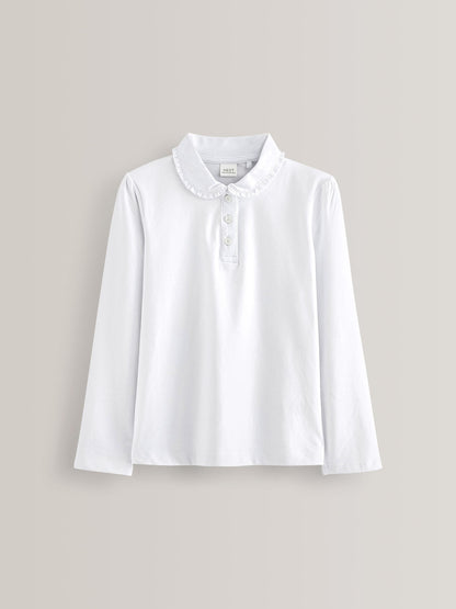 Dsiney Kidz - White Girls Cotton stretch Long Sleeve Frill Collar School Polo Tops 2 Pack (3-14yrs) image 3