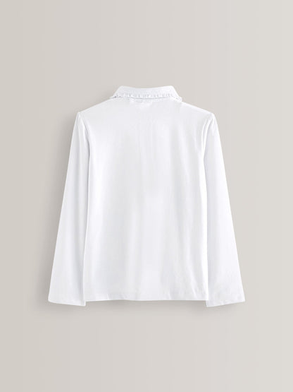 Dsiney Kidz - White Girls Cotton stretch Long Sleeve Frill Collar School Polo Tops 2 Pack (3-14yrs) image 5